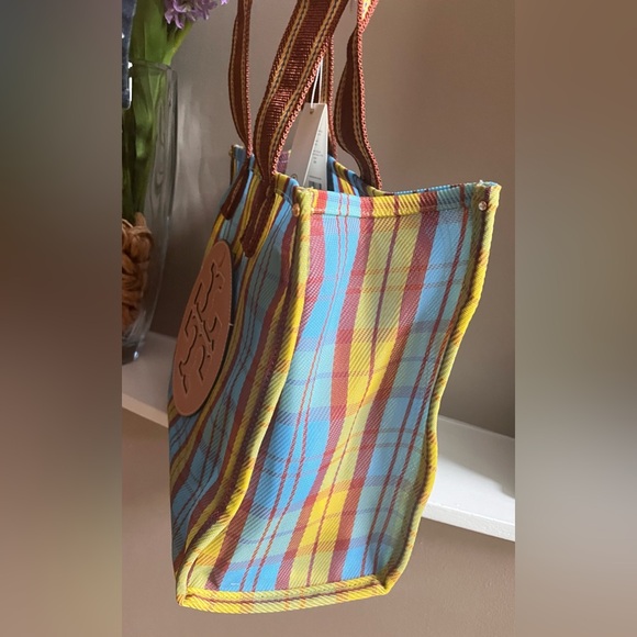 Tory Burch Yellow / Blue Mercado Plaid Ella Mesh Tote Bag - Picture 7 of 12